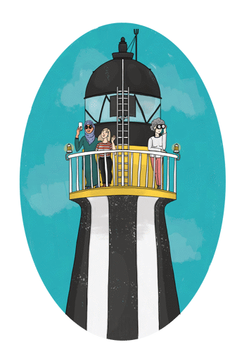 Lighthouse illustration with people looking at