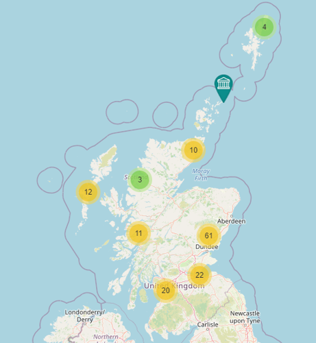 Interactive Map of Scotland with pins to access virtual tours